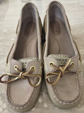 Sperry Top Sider Boat Shoes Womens 6 M Angelfish Slip on loafer Gold glitter Tan